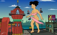 breasts drawing giantess nude city mega black_hair color robot cleavage ocean purple_hair asian ponytail cartoon leela futurama bender billboard amy_wong convenient_censorship philip_j_fry makeshift_clothing professor_farnsworth new_new_york