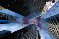 collage mega low_angle wonderslug face looking_down jets skyscraper sky looking_at_viewer
