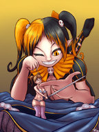 color clothed sword fang shrunken_woman xanafar imp pointed_ears two_colored_hair