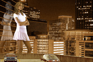 breasts giantess collage city mega skirt buildings brunette wonderslug dress vehicles reflection night sky lights looking_at_viewer parking_garage ana_beatriz_barros
