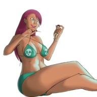 drawing color tongue swimsuit handheld cleavage green_eyes red_hair shrunken_men sitting torture belly shrunken_man thighs looking_at_tiny spokle pin