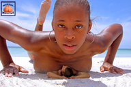 breasts crush collage size_difference beach barefoot domination shrunken_men shrunken_man sand underneath dark_skin pinned looking_at_viewer squeezemeflat chest_crush