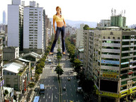giantess collage city clothed wonderslug belly standing streets vehicles looking_at_viewer cracked_pavement