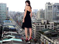 giantess collage city high_heels brunette wonderslug dress streets looking_at_viewer vehicle_crush mandy_moore
