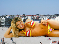 giantess collage blonde swimsuit beach buildings wet smiling wonderslug lying_down belly sand looking_at_viewer
