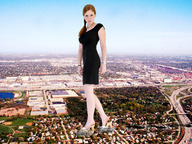 collage landscape mega destruction high_heels buildings wonderslug dress houses looking_at_viewer suburbs