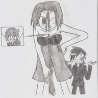 drawing monochrome cleavage shrunken_men shorts shrunken_man braid looking_at_viewer nick01kang between_breasts