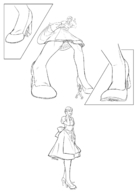 drawing giantess crush comic monochrome high_heels shoes smiling dress foot_crush apron perspective winking looking_at_tiny spokle