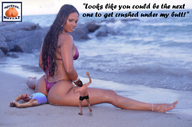 collage long_hair butt swimsuit beach ocean butt_crush story shrunken_men sitting legs waves sand underneath dark_skin pinned squeezemeflat looking_at_tiny