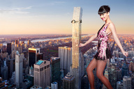 micro city mega destruction buildings smiling short_hair skyscraper sky looking_at_viewer katy_perry giantesscity