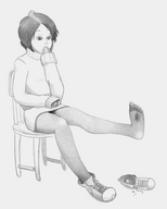 drawing monochrome blood shrunken_men sitting foot_crush nylons shrunken_man sneakers sweater botherbothrium