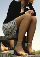 feet mega blonde skirt high_heels unknown_artist shrunken_men sandals nylons unaware shrunken_man black_cardigan