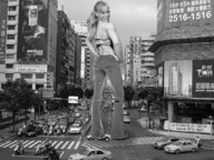 giantess collage city blonde monochrome traffic buildings smiling wonderslug streets back vehicles looking_at_viewer vehicle_crush