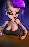 giantess micro large_breasts cleavage green_eyes purple_hair glass drinking top peterparkerlawl looking_at_tiny