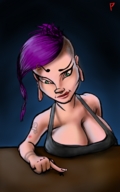 giantess micro large_breasts cleavage green_eyes purple_hair top under_finger peterparkerlawl looking_at_tiny