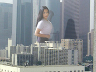 breasts giantess collage city mega black_hair clothed asian wonderslug skyscraper reflection looking_at_viewer between_buildings