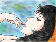 drawing giantess micro vore black_hair color handheld red_eyes lips between_fingers nail_polish looking_at_tiny