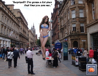 giantess collage city swimsuit cleavage buildings brunette legs people looking_at_viewer squeezemeflat sidewalk street_view cobblestone navel_ring