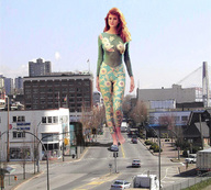 giantess collage clothed barefoot buildings wonderslug red_hair walking streets vehicles