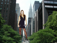 breasts giantess collage city mega handheld high_heels wonderslug dress bus streets vehicles looking_at_viewer new_york_city between_buildings chrysler_building