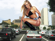 giantess collage city blonde traffic buildings wonderslug boots squatting streets vehicles road holding_vehicle