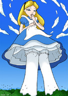 drawing giantess chief mega blonde color blue_eyes skirt anime shocked low_angle nylons forest clouds sky birds alice_in_wonderland disney point_of_view trees hairband alice