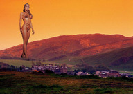 collage mega blonde swimsuit high_heels buildings wonderslug sunset countryside