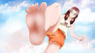 giantess feet barefoot soles brunette low_angle looking_down sky foot_pov point_of_view imminent_crush dofus gulivette