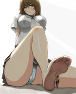 drawing gentle panties feet size_difference upskirt color toes barefoot soles brunette pantyshot uniform looking_down fighter ビク太 bikuta