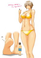 gentle giantess small_man comic color swimsuit handheld barefoot brunette looking_at_giantess bikuta