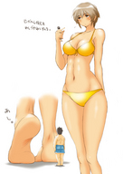 gentle giantess small_man comic color swimsuit handheld barefoot brunette looking_at_giantess bikuta