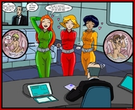 drawing vore comic color shrunken_men thor66 giantesses inside_view clover totally_spies belt jumpsuit dialogue alex sam stomach_view shrink_gun body_suit xentain cutaway jerry
