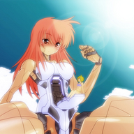 giantess blushing size_difference blonde robot bra red_hair sun boots clouds sky masahiko pilot