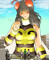 giantess blushing wings city black_hair color buildings looking_down sky mm birds waving rooftop bee_suit sket_dance