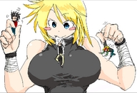 giantess blonde color blue_eyes handheld bandages huge_breasts shrunken_people trapped dangle bakugeki_no_g planet_(bakugeki_no_g)