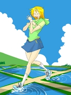 giantess color water wet smiling sneakers clouds sky miniskirt strolling bakugeki_no_g planet_(bakugeki_no_g)