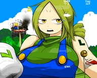 drawing giantess blushing blonde color large_breasts destruction clothed mario yellow_eyes green_hair nintendo giantesses outdoors super_mario_bros costume looking_at_tiny bakugeki_no_g mushroom_kingdom lakitu