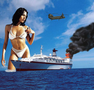 breasts giantess collage mega black_hair swimsuit ocean helicopter wonderslug fire sky ships