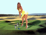 giantess collage blonde small_men cleavage high_heels wonderslug dress legs grass golf athletic golf_course