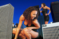 giantess collage city cleavage buildings brunette wonderslug kneeling legs skyscraper giantesses sky aria_giovanni looking_at_tiny