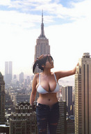 giantess chief collage city large_breasts cleavage bra brunette asian skyscraper empire_state_building ripped_jeans