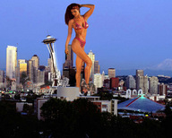 breasts giantess collage landscape city mega destruction wonderslug red_hair seattle walking space_needle looking_at_tiny