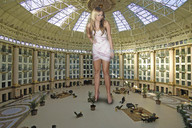 giantess collage blonde high_heels wonderslug dress legs looking_down indoors miley_cyrus lobby