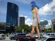 giantess collage city high_heels buildings blue_hair wonderslug legs walking people streets vehicles katy_perry