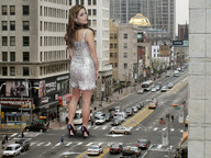 giantess collage city high_heels traffic brunette wonderslug dress legs streets looking_back ashley_greene pedestrians