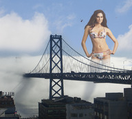 breasts giantess collage city mega swimsuit bridge cleavage water helicopter brunette wonderslug vehicles outdoors sky morgan_webb looking_at_viewer hands_on_hips fog
