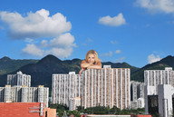 giantess collage city blonde buildings wonderslug mountains looking_at_viewer china sarah_chalke behind_building