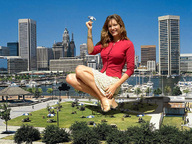 giantess collage city brunette wonderslug kneeling skyscraper holding crouching looking_at_viewer kelly_brook