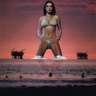 breasts giantess collage mega cleavage ocean brunette wonderslug waves oil_rig sunset kelly_brook swimmers