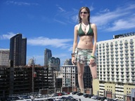 giantess collage city buildings smiling wonderslug sunglasses vehicles sky necklace construction rooftop parking_garage navel_ring